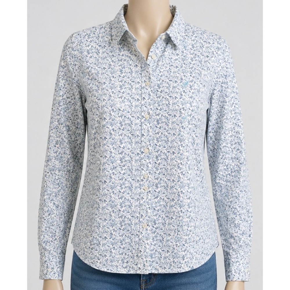 Nautica Womens Large Blue White Floral Leaf Print Button Down Shirt Classic Fit - Picture 1 of 6